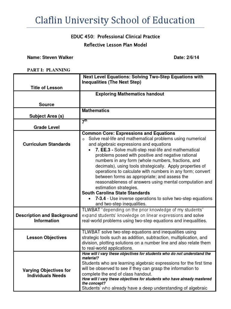 7th Grade Algebraic Expression and Equations Reflective Lesson Plan 2