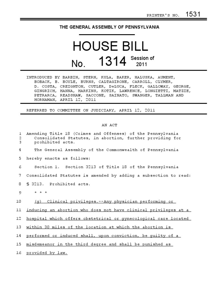 Pennsylvania House Bill 1314 on Abortion | PDF