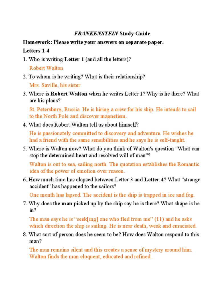 FRANKENSTEIN Study Guide With Answers | Frankenstein