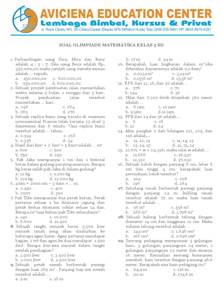 Yuk Mojok!: Soal Olimpiade Matematika Sd 2020 Dan Pembahasannya