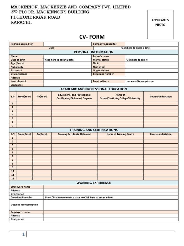 Mackinnons Building CV Form A Template for Applying to Positions at Mackinnon, Mackenzie and
