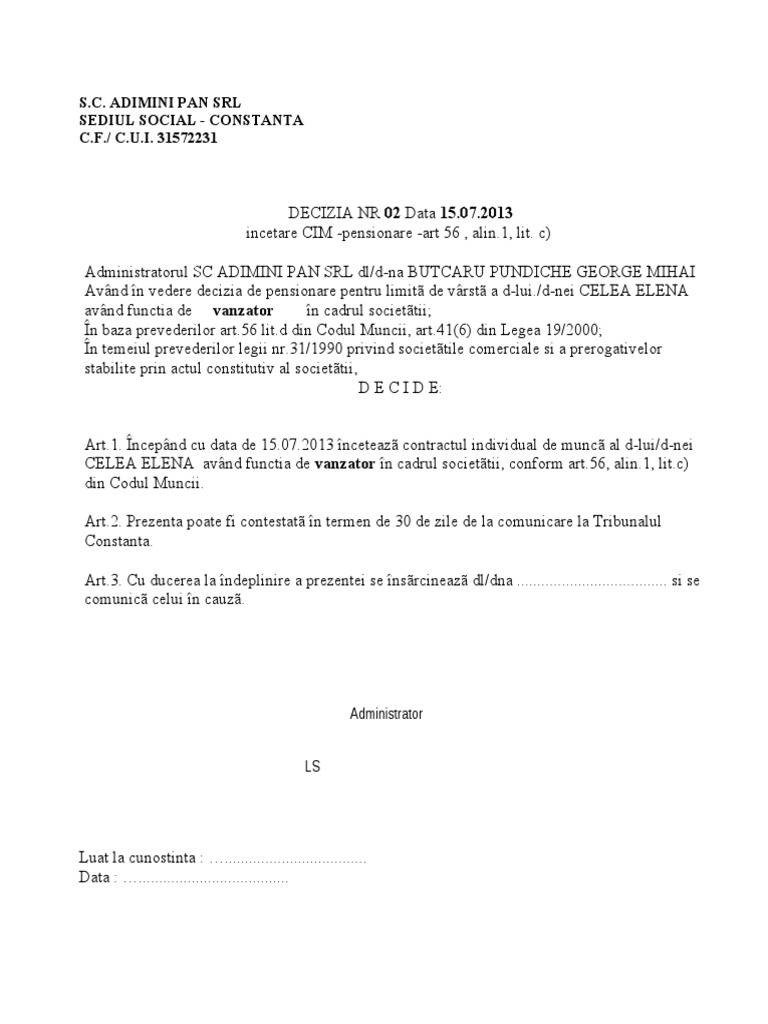 Model Decizie Incetare Cim Art 56 Lit C Cursuri Online