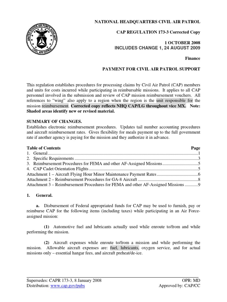 CAPR 173-3: Mission Reimbursement Guidelines | PDF | Civil Air Patrol ...