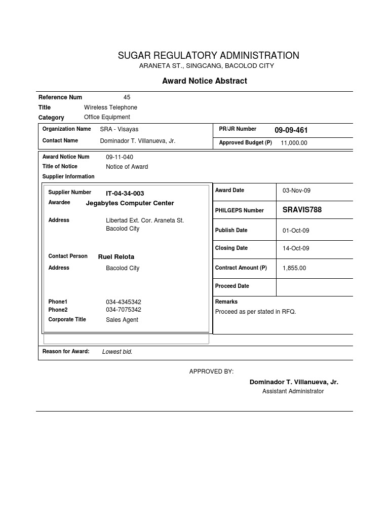 Notice of Award-Jegabytes Computer Center | PDF