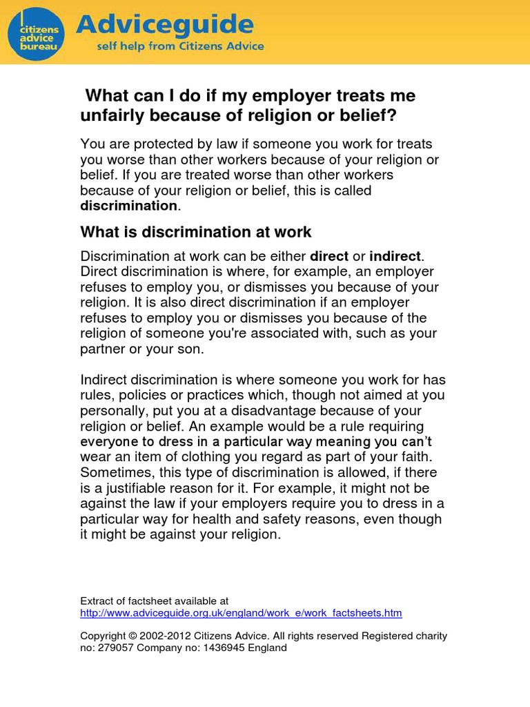 Unfair treatment at work belief 1 Discrimination Harassment