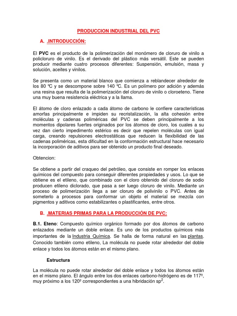 Produccion Industrial Del PVC | PDF | Cloruro de polivinilo | Química ...