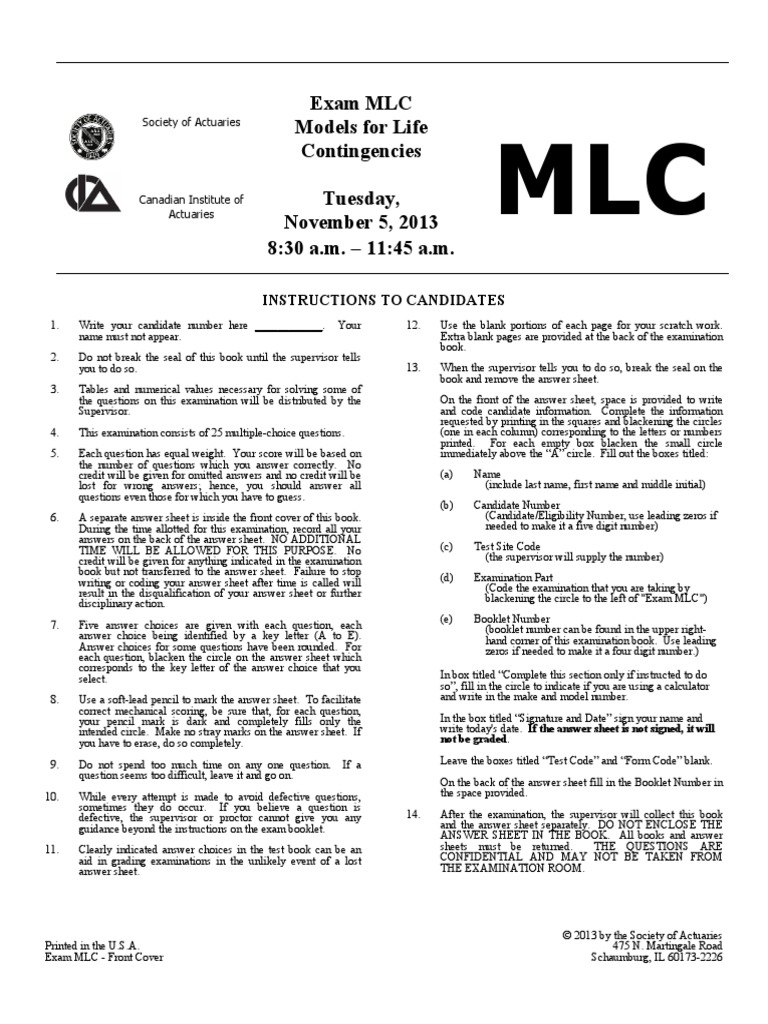 Exam MLC 2013 Fall | PDF | Service Industries | Financial Services