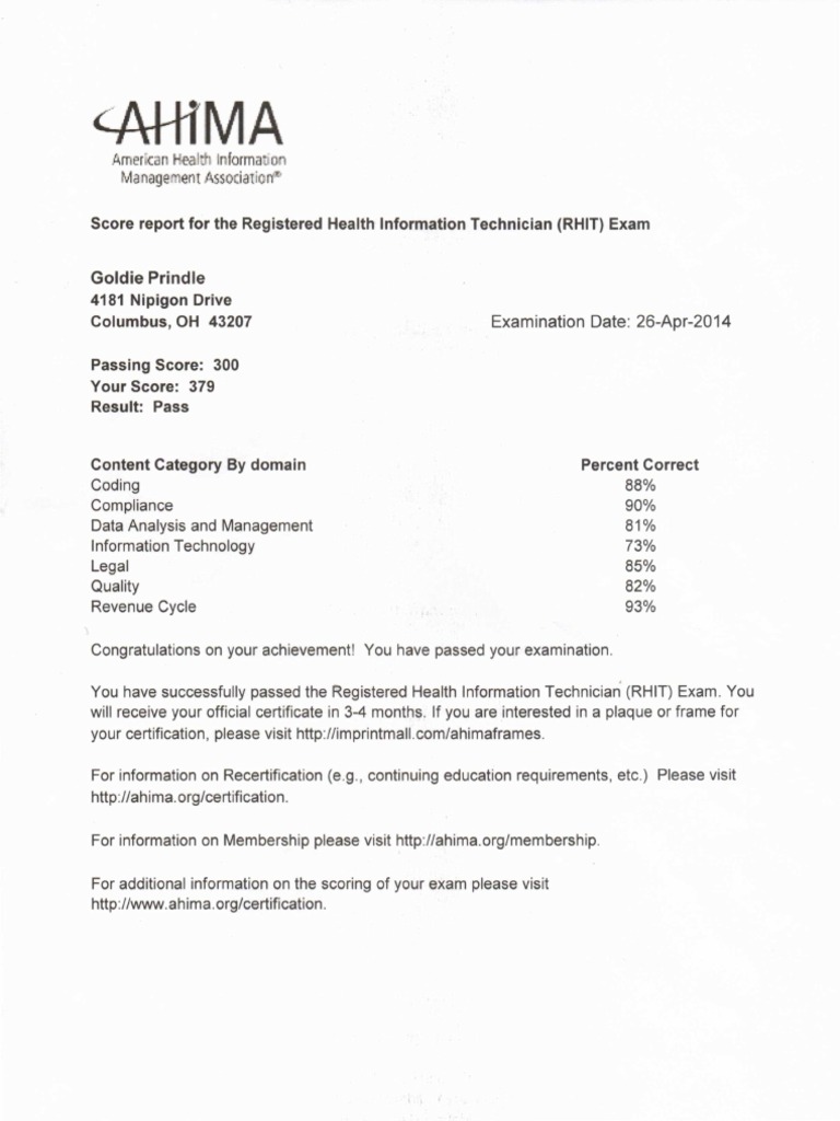 RHIT Exam Pass Report and Details | PDF
