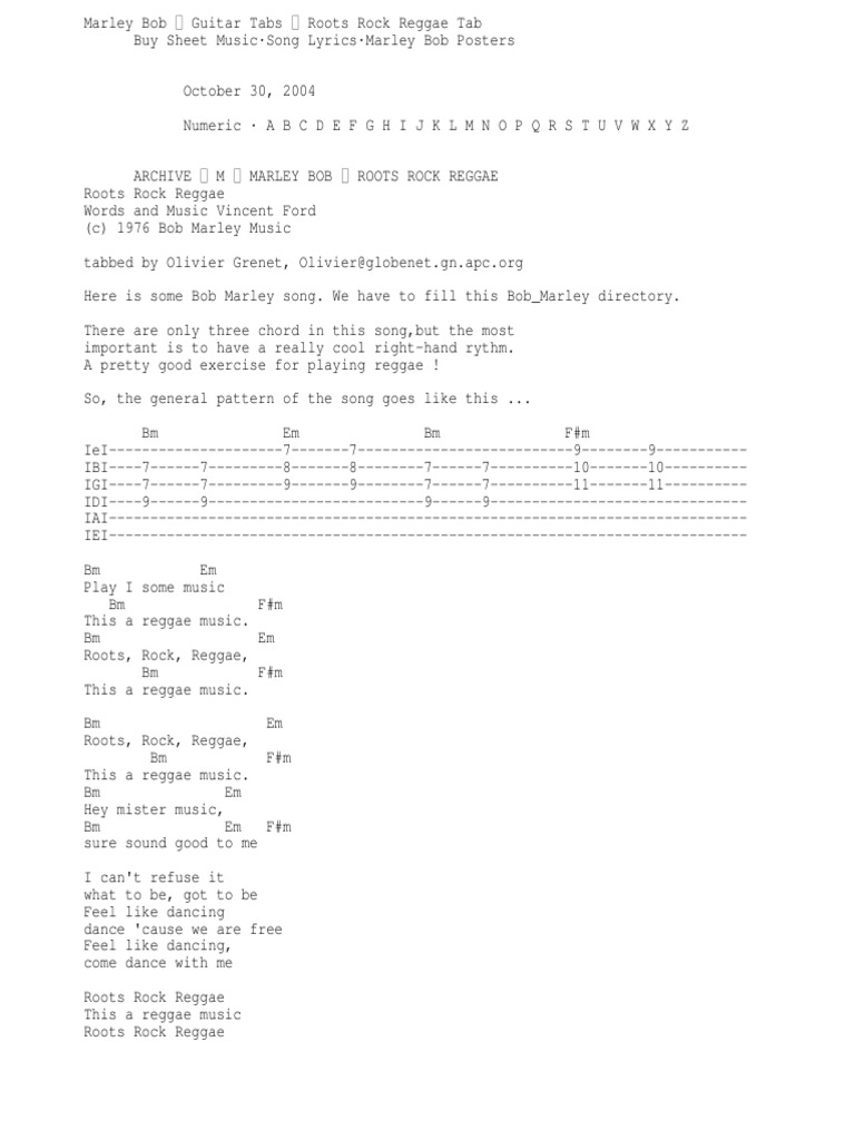 Marley Bob Guitar Tabs Roots Rock Reggae Tab