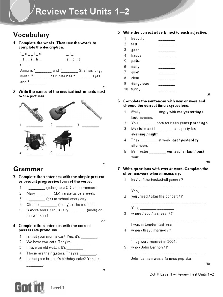 Got It Level 1 Review Tests 1-2 | PDF | Language Mechanics | Style ...