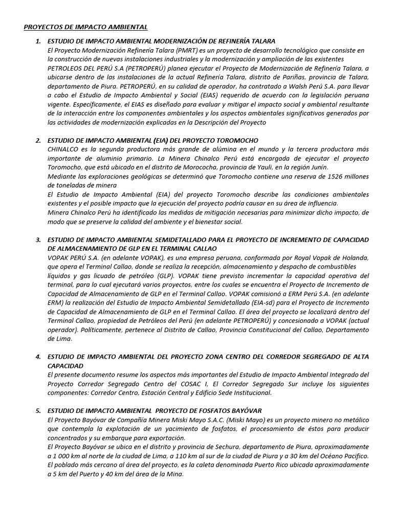 Estudio de Impacto Ambiental en Proyectos Peruanos | PDF | Evaluación ...
