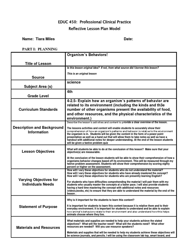 Organism Behavior Lesson Plan for 4th Grade | PDF | Differentiated ...