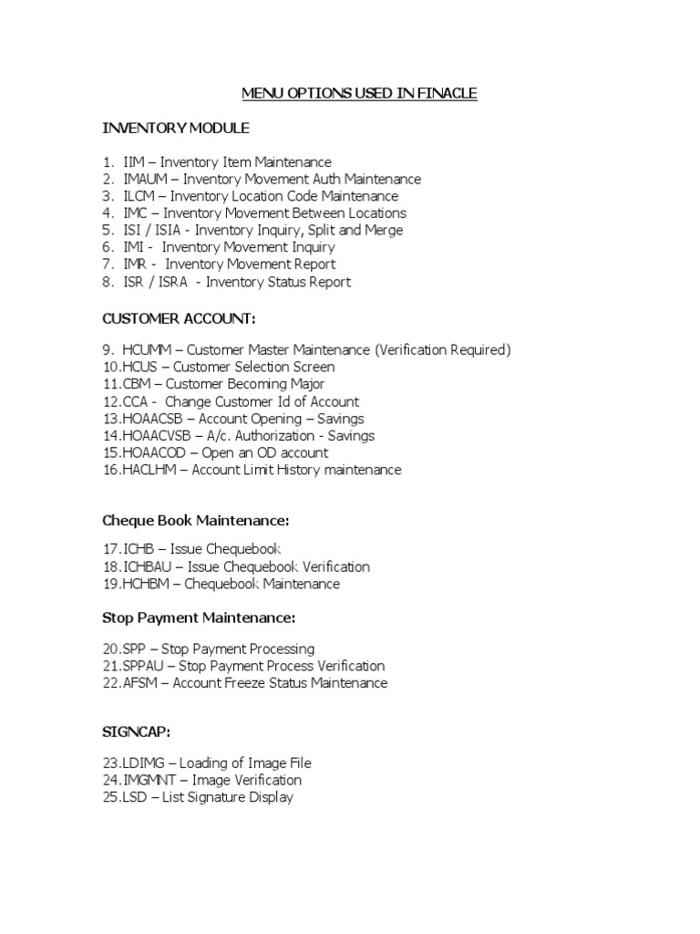 Finacle Menu Options Overview | PDF | Loans | Payments