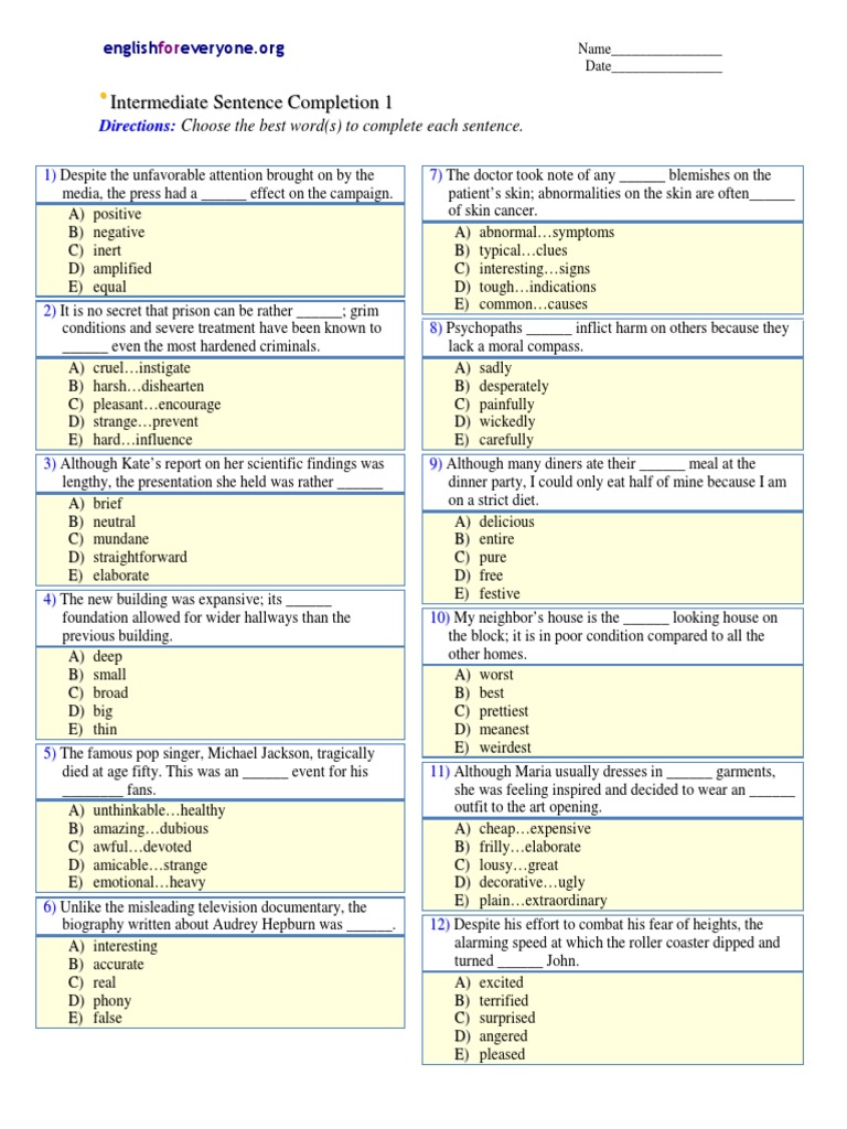 Intermediate Sentence Completion 1 | PDF
