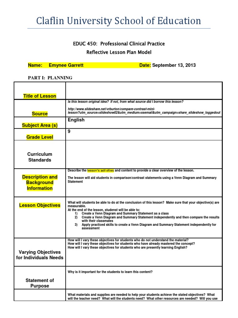 Reflective Lesson Plan Model Compare Contrast Lesson Plan