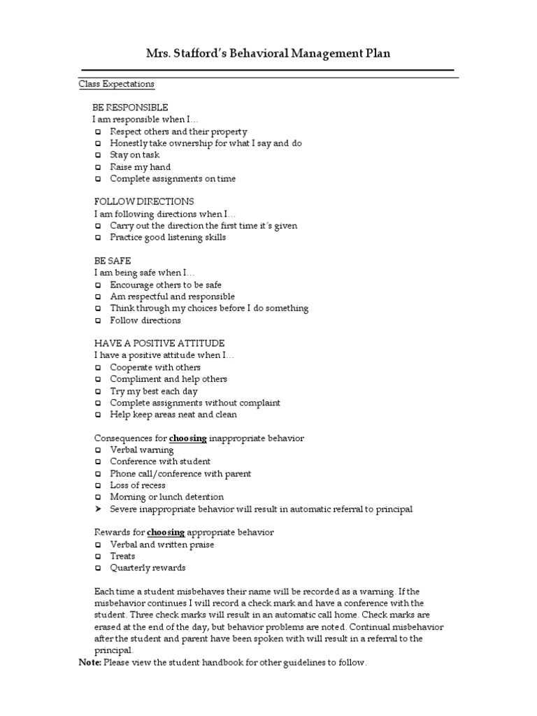 Mrs. Stafford's Classroom Behavior Plan | PDF