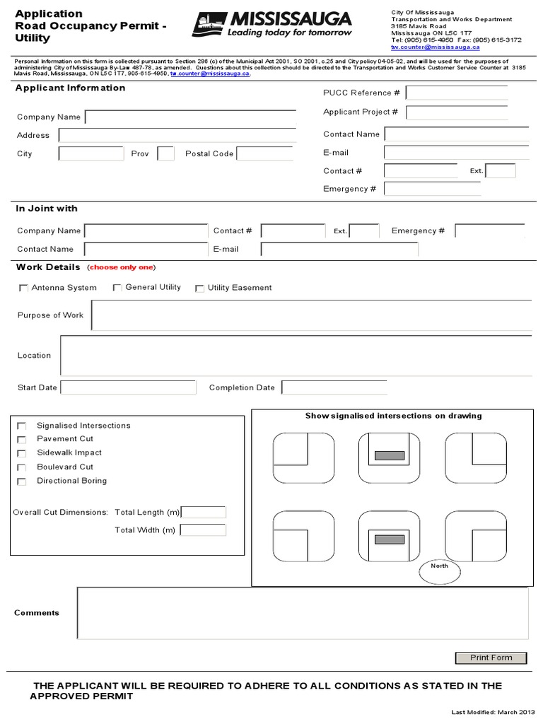 Road Occupancy Permit Application For The City of Mississauga PDF