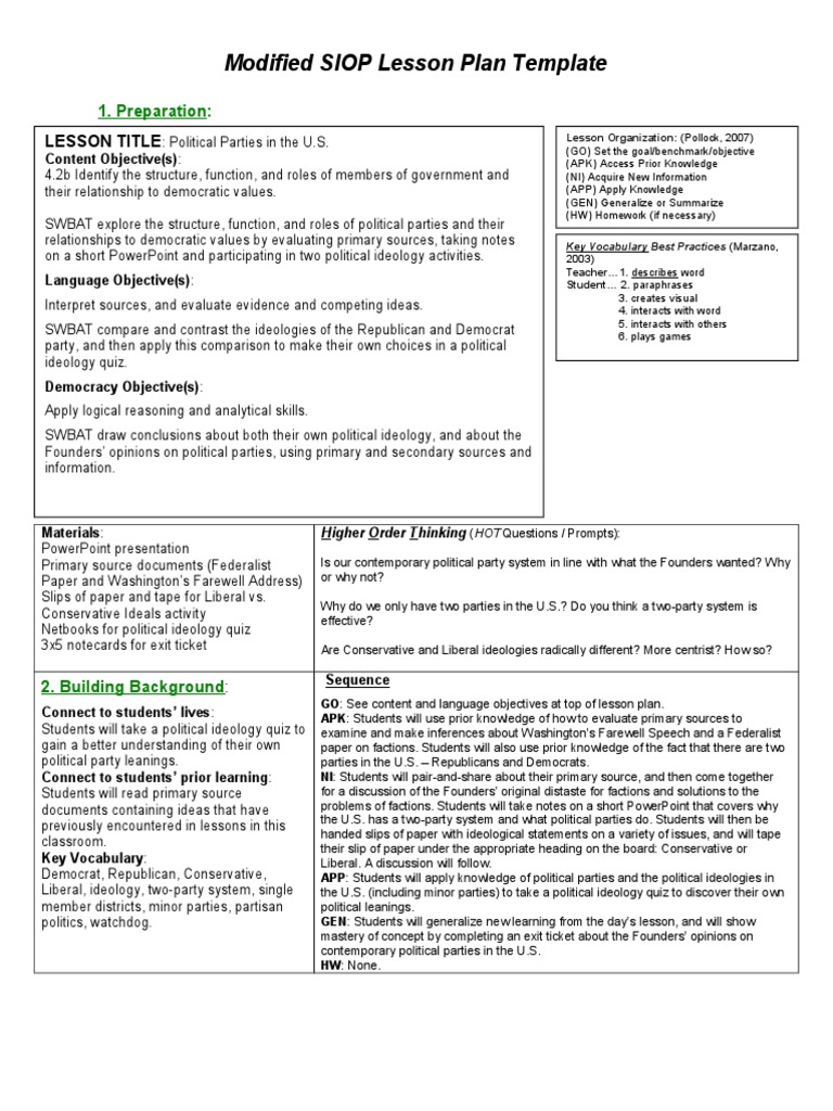 Lesson 3 Political Parties Lesson Plan Learning