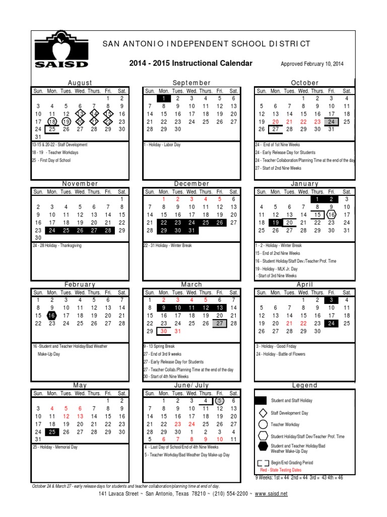 Saisd 2014-15 Instructional Calendar | PDF | Holidays | Observances