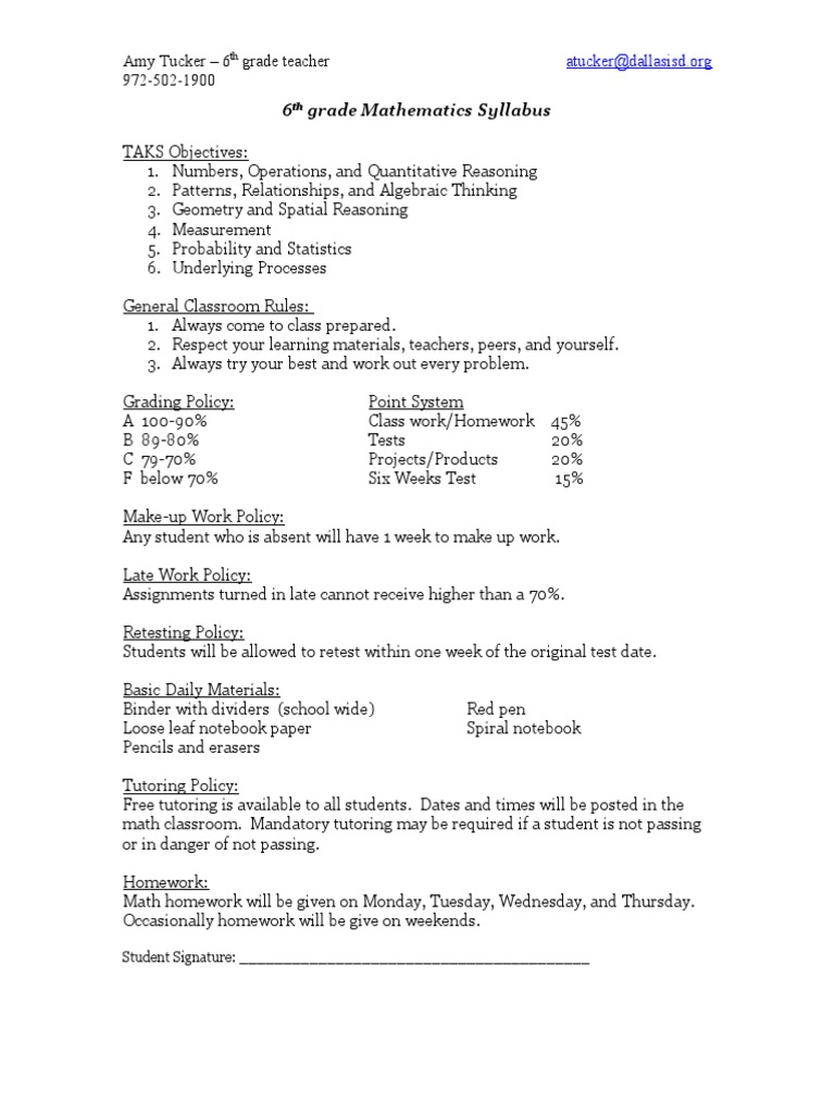 6th Grade Math Syllabus Overview | PDF