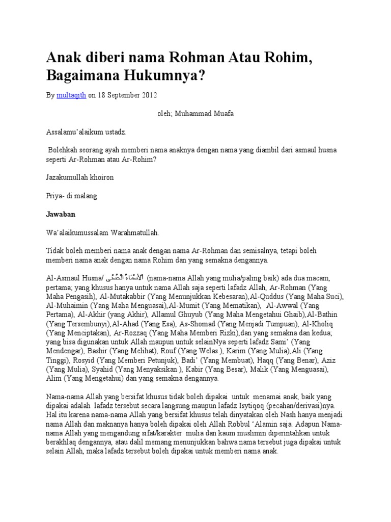Anak Diberi Nama Rohman Atau Rohim | PDF