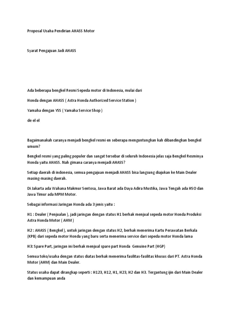 Proposal Usaha Pendirian Ahass Motor