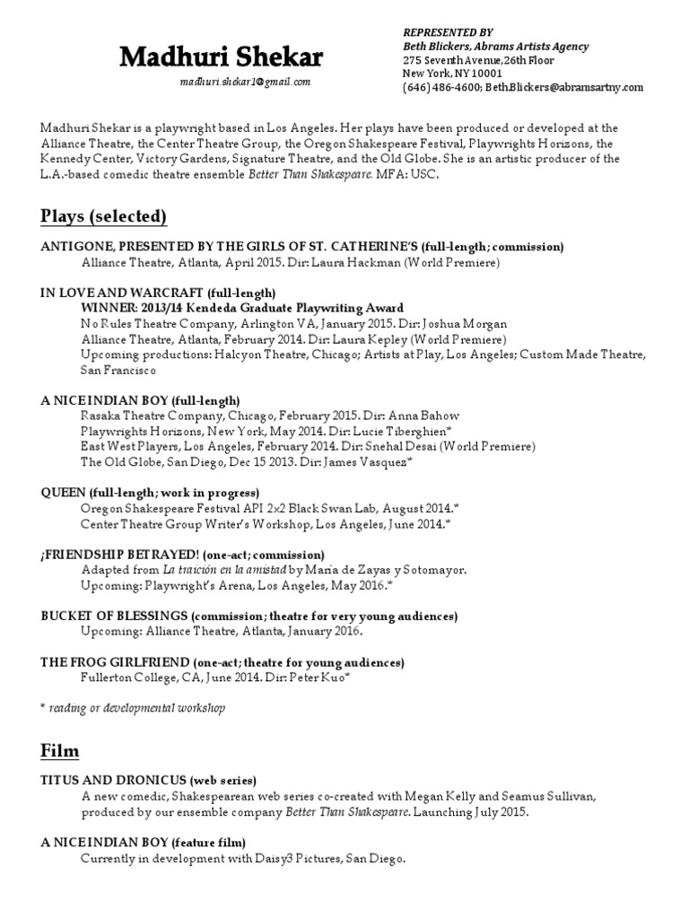 Madhuri Shekar Theatre Resume - 1587089695
