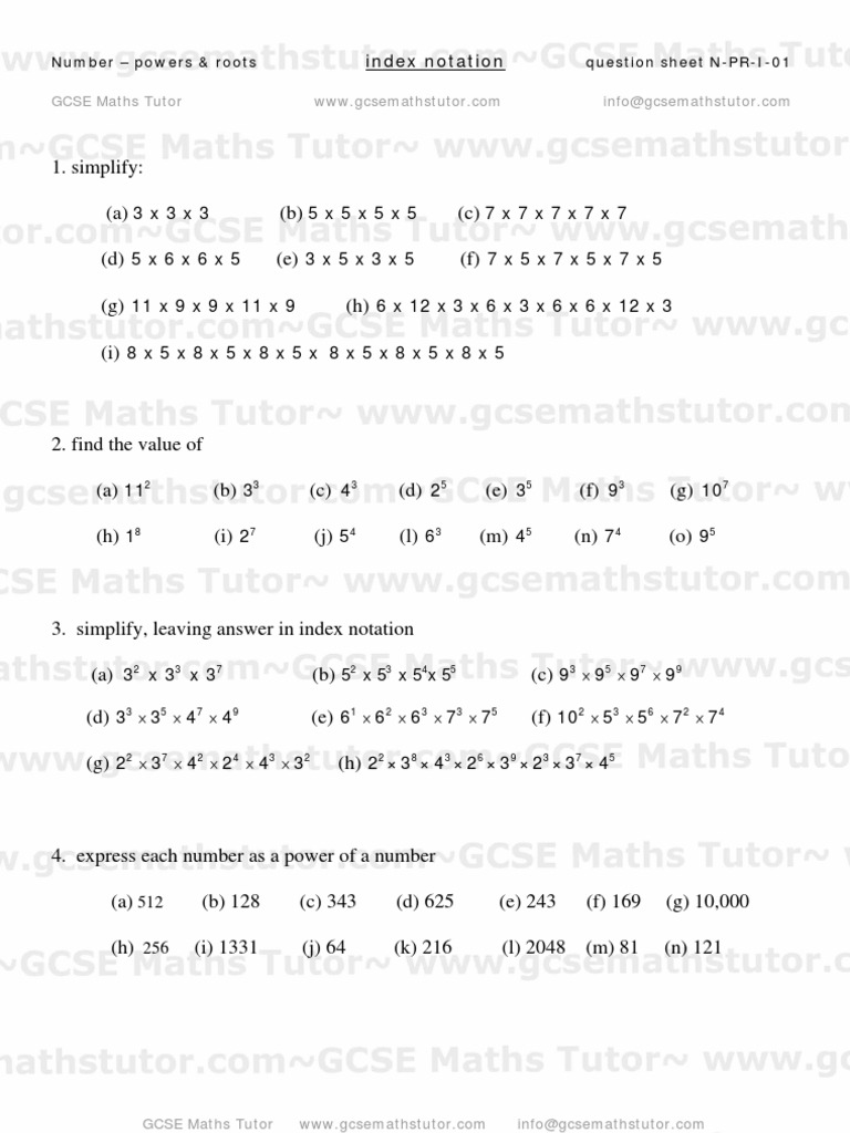 Index Notation Worksheet 01,Powers & Roots,Number GCSE Maths Tutor
