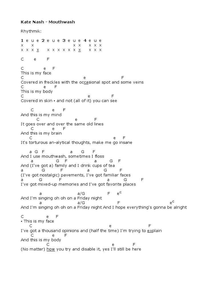 Kate Nash Mouthwash Rhythmik Lyrics PDF