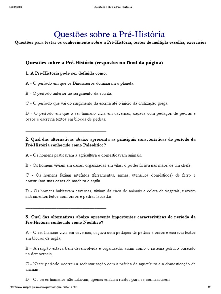 Questões Sobre A Pré-História - Testes | PDF | Paleolítico | Arte Rupestre