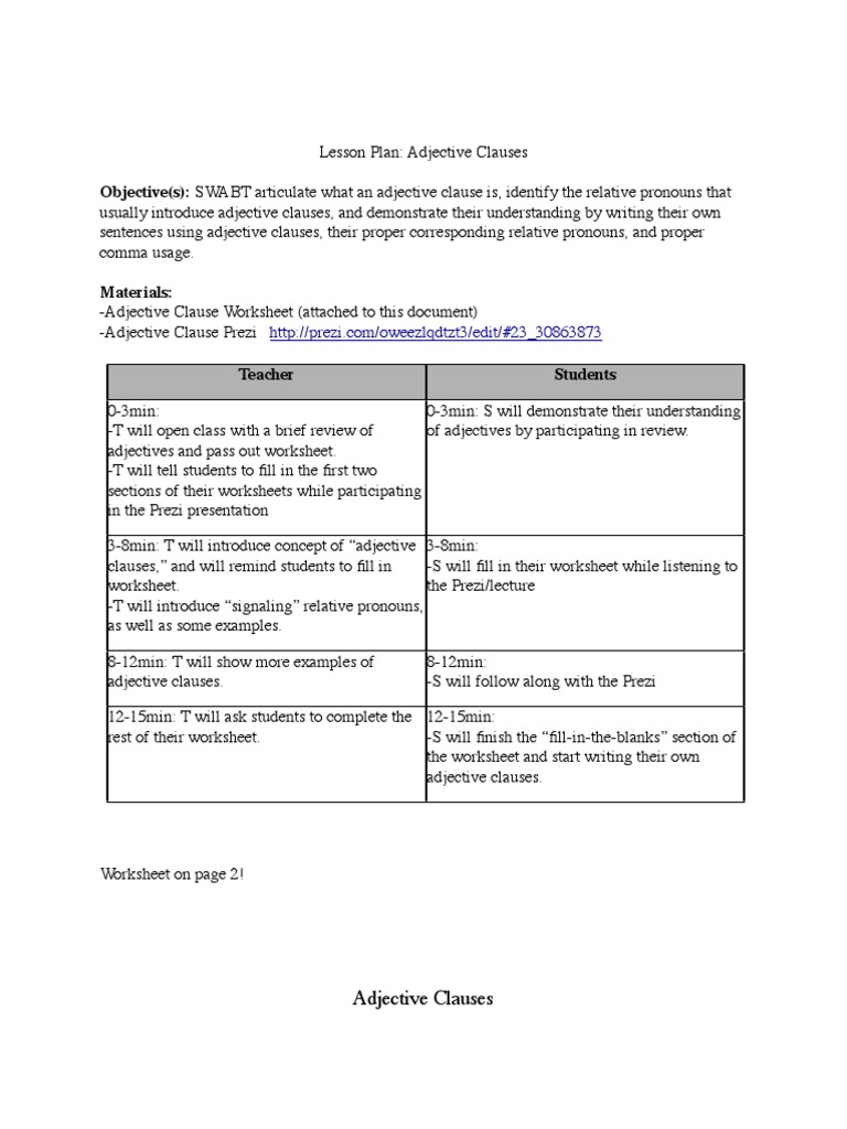 Objective(s) SWABT articulate what an adjective clause is, identify