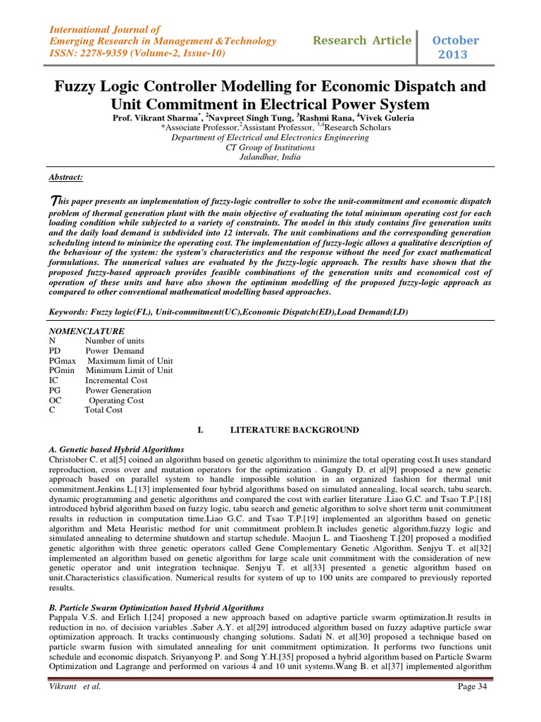 Fuzzy Logic for Unit Commitment Optimization | PDF | Mathematical ...