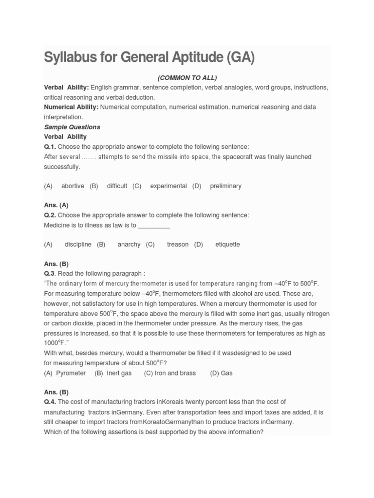 GATE General Aptitude GA Syllabus Common To All | PDF | Thermometer | Gases