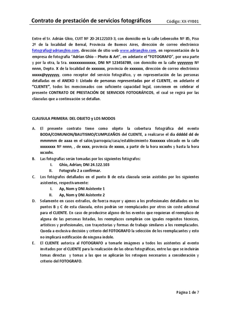 Contrato de Prestación de Servicios Fotográficos Modelo