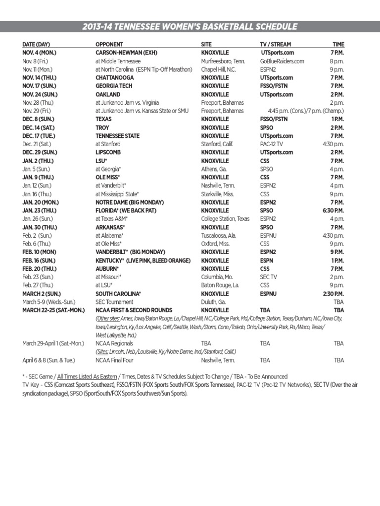 Lady Vols Schedule PDF