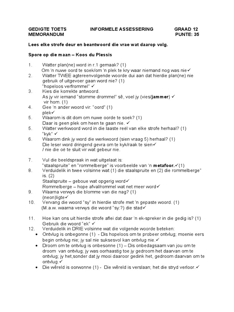 Gedigte Toets Informele Assessering Graad 12 | PDF