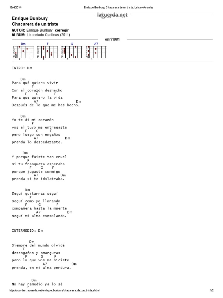 Enrique Bunbury Chacarera De Un Triste Letra Y Acordes