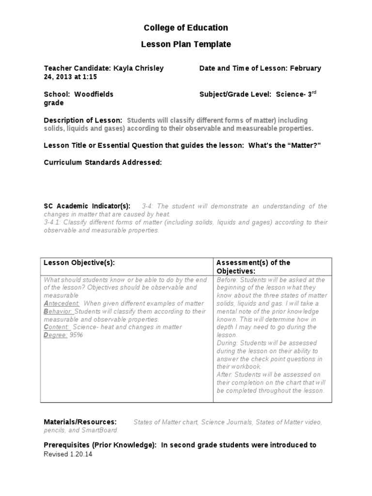 3-4 1 Lesson Plan - Monday - Science | PDF | Matter | Lesson Plan