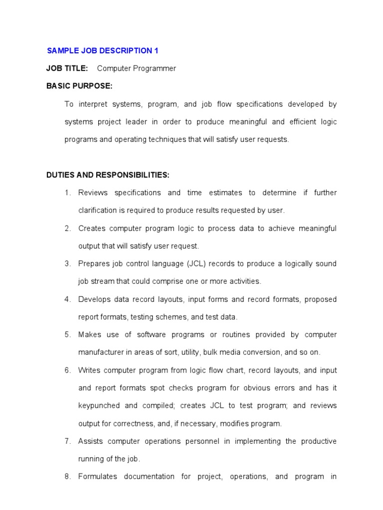 Computer Programmer Job Description | PDF | Occupational Safety And ...