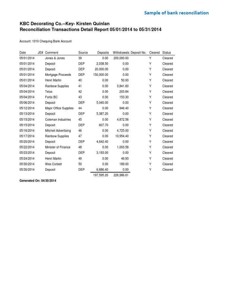 Bank Reconciliation Sample Report | PDF