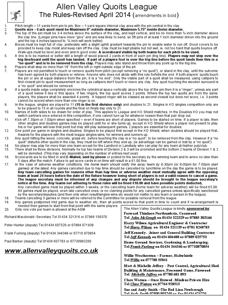 Allen Valley Quoits League Rules | PDF | Throwing | Pub
