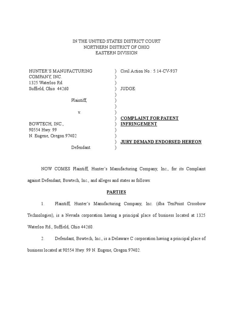 Hunter's Manufacturing Company v. Bowtech PDF Damages Patent