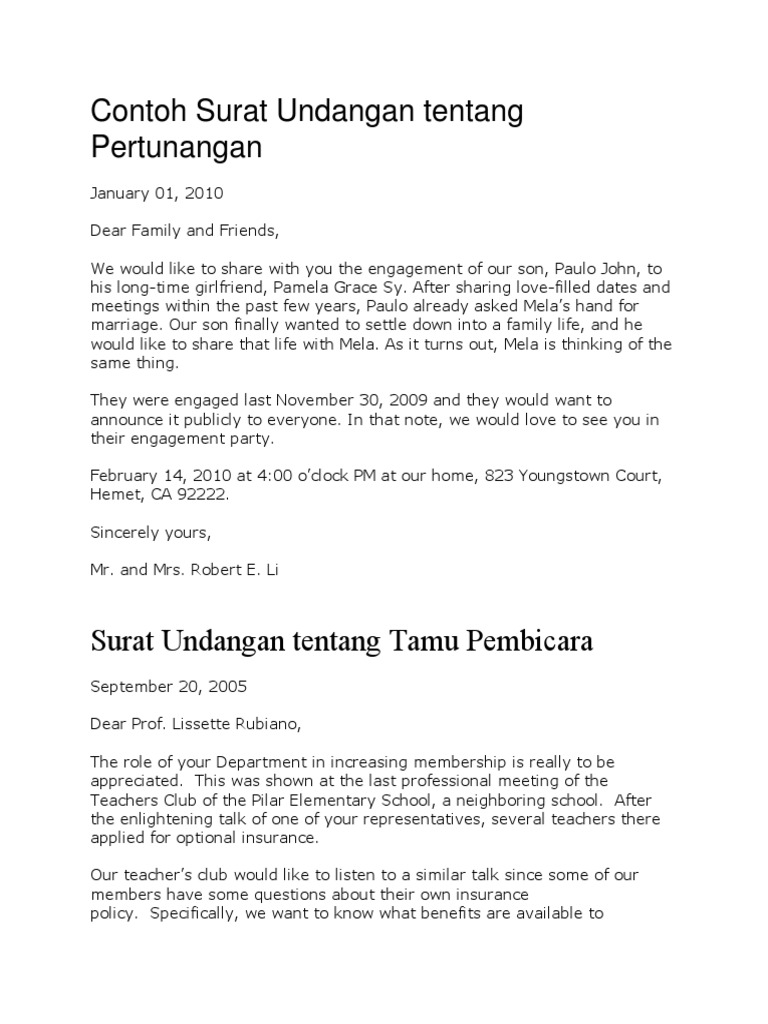 Contoh Surat Undangan Tentang Pertunangan Indonesian