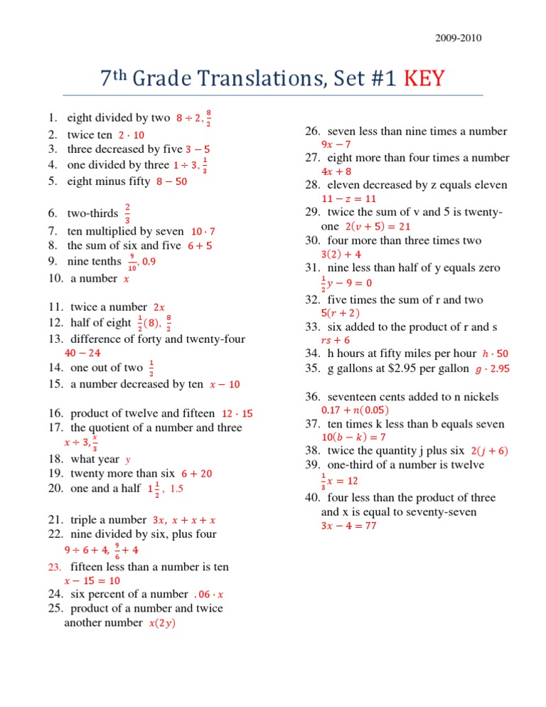 7th Grade Translations, Set 1 KEY | PDF | Arithmetic | Teaching Mathematics