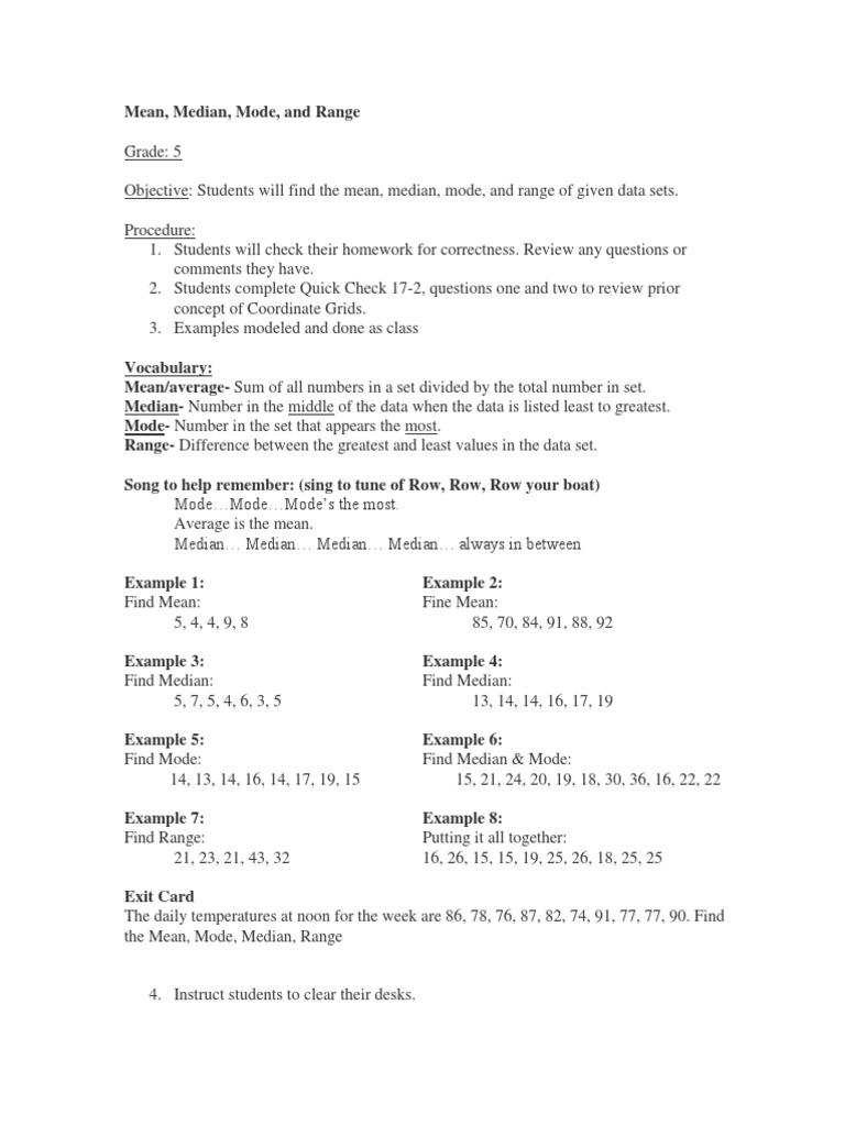 Mean Median Mode Range-Lesson Plan | PDF | Mode (Statistics) | Median image.