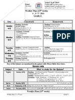 Weekly Plan (15 Week) Grade 6 English: Day Classwork Homework