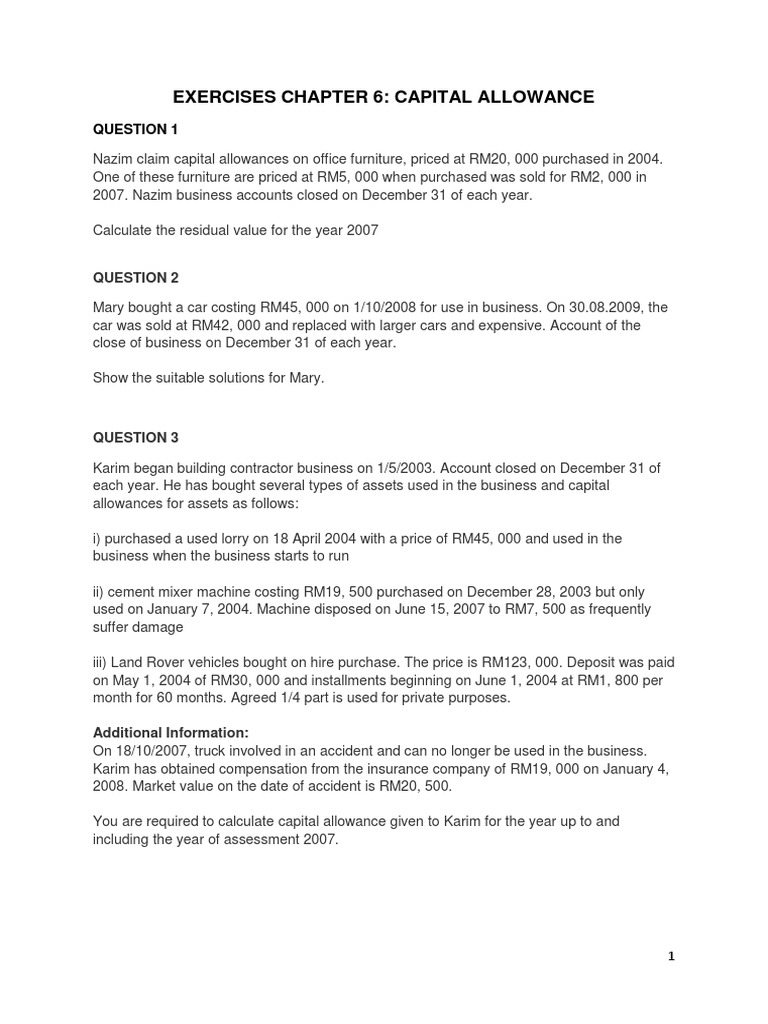 Exercises Chapter 6 Capital Allowance PDF Weighing Scale Capital (Economics)
