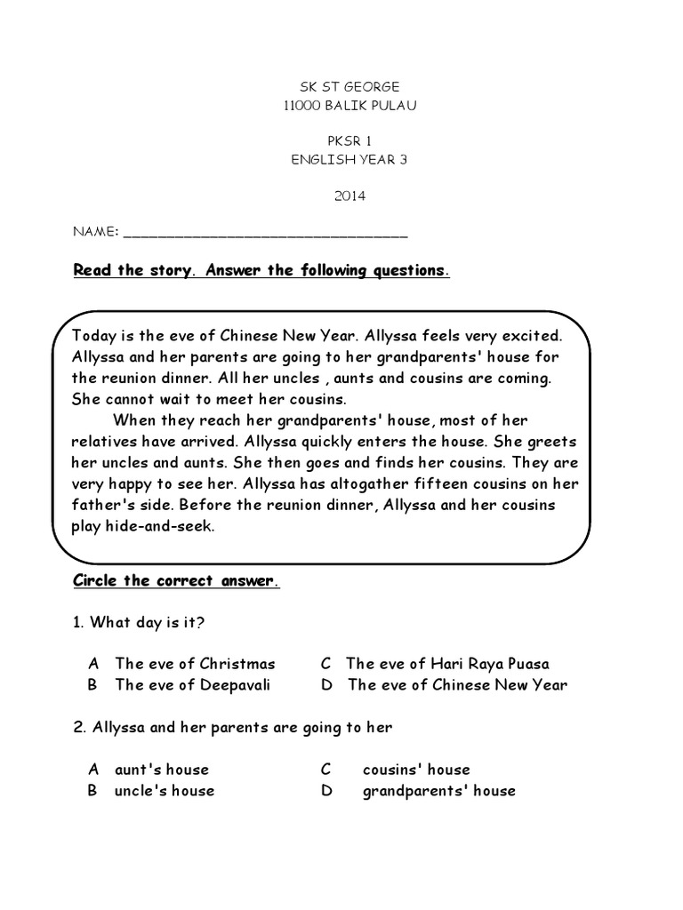 Read The Story. Answer The Following Questions | PDF | Language Arts ...