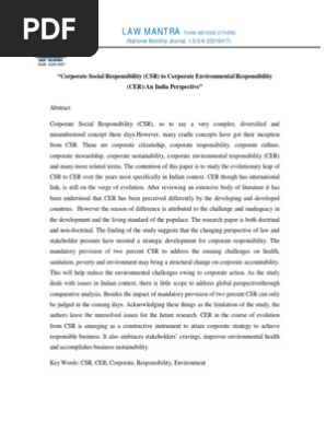 Corporate Social Responsibility (CSR) to Corporate Environmental Responsibility (CER):An India Perspective 