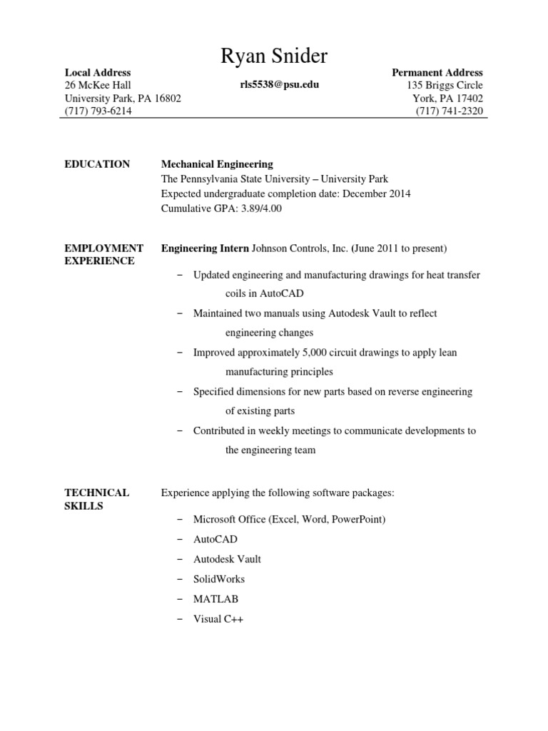 Mechanical Engineering Intern Resume | PDF | Art | Computers